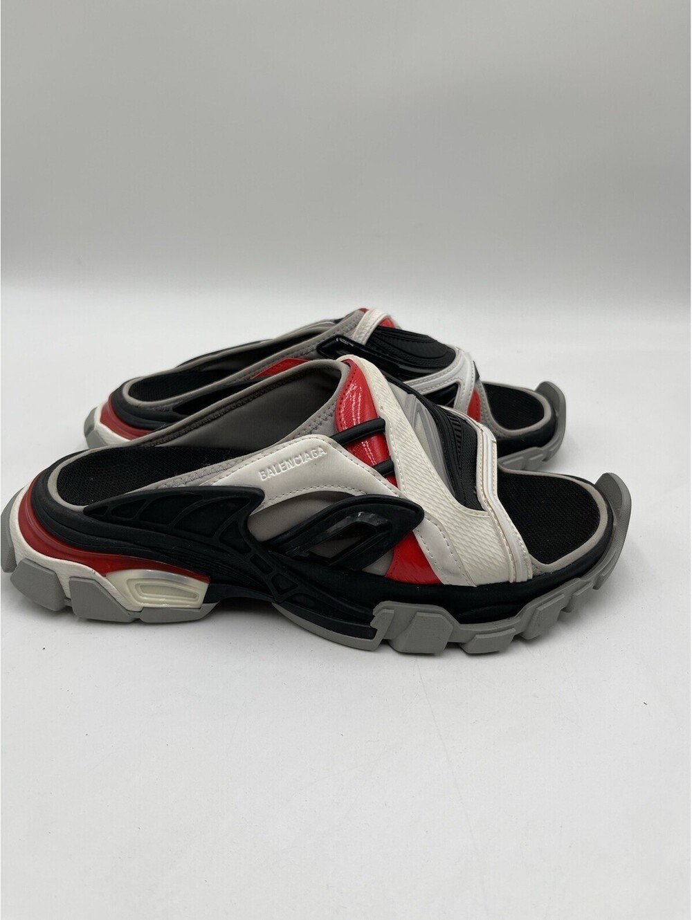 Men’s Balenciaga Track Slide sandals in the black, grey, and red Size 6